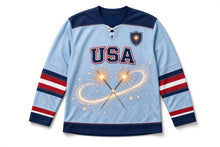 Load image into Gallery viewer, Sparkler Trail Independence Day Hockey Jersey in Sparkler Sky Blue, front view – custom name and number
