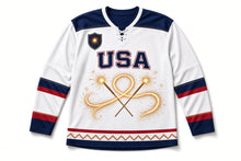 Load image into Gallery viewer, Sparkler Trail Independence Day Hockey Jersey in Sparkler Snow White, front view – custom name and number