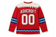 Load image into Gallery viewer, Striped Ice Pops Independence Day Hockey Jersey in Ice Pop Cherry Red, back view with your name and number