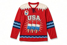 Load image into Gallery viewer, Striped Ice Pops Independence Day Hockey Jersey in Ice Pop Cherry Red, front view – custom name and number