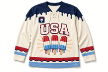 Load image into Gallery viewer, Striped Ice Pops Independence Day Hockey Jersey in Ice Pop Vanilla Cream, front view – custom name and number