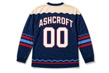 Load image into Gallery viewer, Striped Ice Pops Independence Day Hockey Jersey in Ice Pop Navy, back view with your name and number
