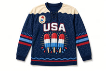 Load image into Gallery viewer, Striped Ice Pops Independence Day Hockey Jersey in Ice Pop Navy, front view – custom name and number