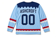 Load image into Gallery viewer, Striped Ice Pops Independence Day Hockey Jersey in Ice Pop Sky Blue, back view with your name and number