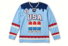 Load image into Gallery viewer, Striped Ice Pops Independence Day Hockey Jersey in Ice Pop Sky Blue, front view – custom name and number