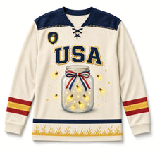 Load image into Gallery viewer, Firefly Jar Independence Day Hockey Jersey in Firefly Cream, front view – custom name and number