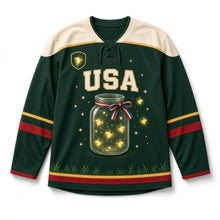 Load image into Gallery viewer, Firefly Jar Independence Day Hockey Jersey in Firefly Meadow Green, front view – custom name and number