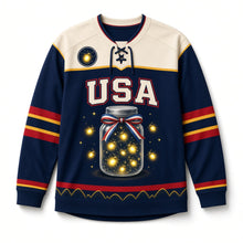 Load image into Gallery viewer, Firefly Jar Independence Day Hockey Jersey in Firefly Night Navy, front view – custom name and number