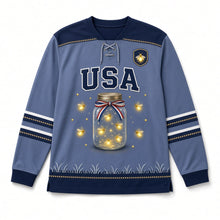 Load image into Gallery viewer, Firefly Jar Independence Day Hockey Jersey in Firefly Twilight Blue, front view – custom name and number