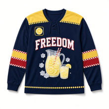 Load image into Gallery viewer, Lemonade Pitcher Independence Day Hockey Jersey in Lemonade Navy, front view – custom name and number