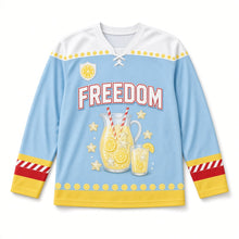 Load image into Gallery viewer, Lemonade Pitcher Independence Day Hockey Jersey in Lemonade Sky Blue, front view – custom name and number