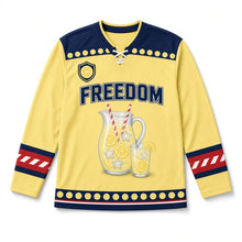 Load image into Gallery viewer, Lemonade Pitcher Independence Day Hockey Jersey in Lemonade Sunshine Yellow, front view – custom name and number