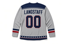 Load image into Gallery viewer, Striped Top Hat Independence Day Hockey Jersey in Top Hat Heather Grey, back view with your name and number