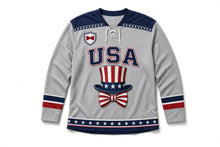 Load image into Gallery viewer, Striped Top Hat Independence Day Hockey Jersey in Top Hat Heather Grey, front view – custom name and number