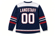 Load image into Gallery viewer, Striped Top Hat Independence Day Hockey Jersey in Top Hat Navy, back view with your name and number