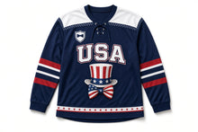 Load image into Gallery viewer, Striped Top Hat Independence Day Hockey Jersey in Top Hat Navy, front view – custom name and number