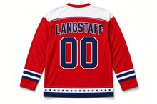 Load image into Gallery viewer, Striped Top Hat Independence Day Hockey Jersey in Top Hat Red, back view with your name and number