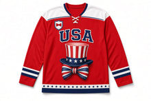Load image into Gallery viewer, Striped Top Hat Independence Day Hockey Jersey in Top Hat Red, front view – custom name and number