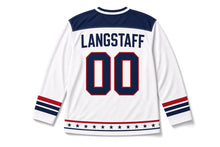 Load image into Gallery viewer, Striped Top Hat Independence Day Hockey Jersey in Top Hat White, back view with your name and number