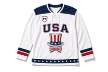 Load image into Gallery viewer, Striped Top Hat Independence Day Hockey Jersey in Top Hat White, front view – custom name and number
