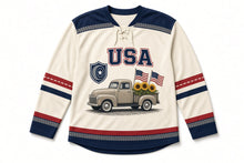 Load image into Gallery viewer, Vintage Pickup Truck Independence Day Hockey Jersey in Pickup Cream, front view – custom name and number