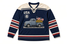 Load image into Gallery viewer, Vintage Pickup Truck Independence Day Hockey Jersey in Pickup Navy, front view – custom name and number