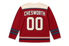 Load image into Gallery viewer, Vintage Pickup Truck Independence Day Hockey Jersey in Pickup Cherry Red, back view with your name and number