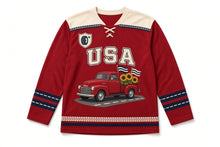 Load image into Gallery viewer, Vintage Pickup Truck Independence Day Hockey Jersey in Pickup Cherry Red, front view – custom name and number