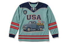 Load image into Gallery viewer, Vintage Pickup Truck Independence Day Hockey Jersey in Pickup Seafoam, front view – custom name and number