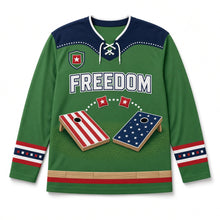 Load image into Gallery viewer, Cornhole Toss Independence Day Hockey Jersey in Cornhole Lawn Green, front view – custom name and number