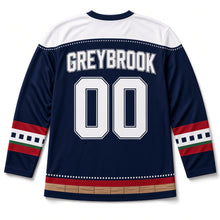 Load image into Gallery viewer, Cornhole Toss Independence Day Hockey Jersey in Cornhole Navy, back view with your name and number