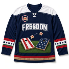 Load image into Gallery viewer, Cornhole Toss Independence Day Hockey Jersey in Cornhole Navy, front view – custom name and number