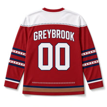 Load image into Gallery viewer, Cornhole Toss Independence Day Hockey Jersey in Cornhole Barn Red, back view with your name and number