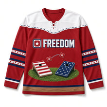 Load image into Gallery viewer, Cornhole Toss Independence Day Hockey Jersey in Cornhole Barn Red, front view – custom name and number