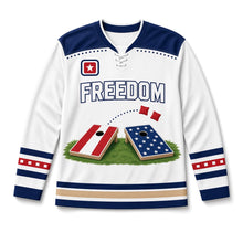 Load image into Gallery viewer, Cornhole Toss Independence Day Hockey Jersey in Cornhole White, front view – custom name and number