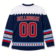Load image into Gallery viewer, White Picket Fence Independence Day Hockey Jersey in Picket Fence Navy, back view with your name and number