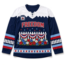 Load image into Gallery viewer, White Picket Fence Independence Day Hockey Jersey in Picket Fence Navy, front view – custom name and number