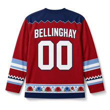 Load image into Gallery viewer, White Picket Fence Independence Day Hockey Jersey in Picket Fence Barn Red, back view with your name and number
