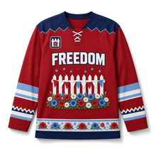 Load image into Gallery viewer, White Picket Fence Independence Day Hockey Jersey in Picket Fence Barn Red, front view – custom name and number