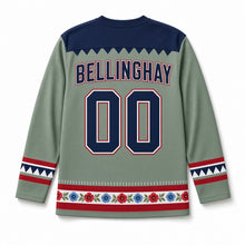 Load image into Gallery viewer, White Picket Fence Independence Day Hockey Jersey in Picket Fence Sage Green, back view with your name and number
