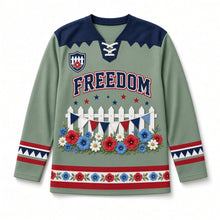 Load image into Gallery viewer, White Picket Fence Independence Day Hockey Jersey in Picket Fence Sage Green, front view – custom name and number