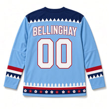 Load image into Gallery viewer, White Picket Fence Independence Day Hockey Jersey in Picket Fence Sky Blue, back view with your name and number