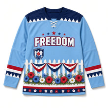 Load image into Gallery viewer, White Picket Fence Independence Day Hockey Jersey in Picket Fence Sky Blue, front view – custom name and number