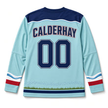 Load image into Gallery viewer, Garden Sprinkler Independence Day Hockey Jersey in Sprinkler Aqua, back view with your name and number