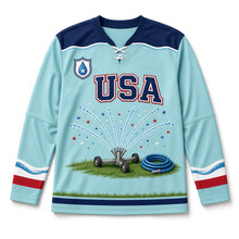 Load image into Gallery viewer, Garden Sprinkler Independence Day Hockey Jersey in Sprinkler Aqua, front view – custom name and number