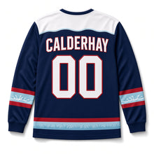 Load image into Gallery viewer, Garden Sprinkler Independence Day Hockey Jersey in Sprinkler Navy, back view with your name and number