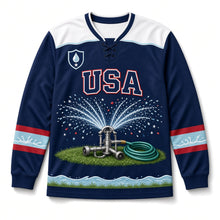 Load image into Gallery viewer, Garden Sprinkler Independence Day Hockey Jersey in Sprinkler Navy, front view – custom name and number