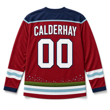 Load image into Gallery viewer, Garden Sprinkler Independence Day Hockey Jersey in Sprinkler Cherry Red, back view with your name and number