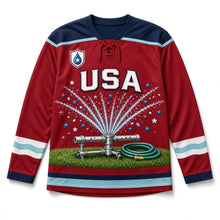 Load image into Gallery viewer, Garden Sprinkler Independence Day Hockey Jersey in Sprinkler Cherry Red, front view – custom name and number
