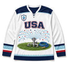 Load image into Gallery viewer, Garden Sprinkler Independence Day Hockey Jersey in Sprinkler White, front view – custom name and number